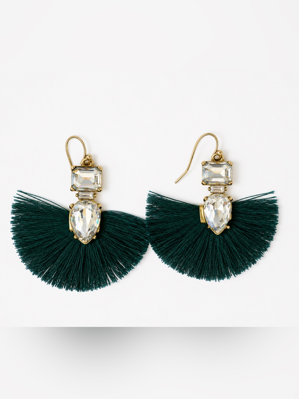 Crystal Fan Tassel Drop Earrings in Dark Teal